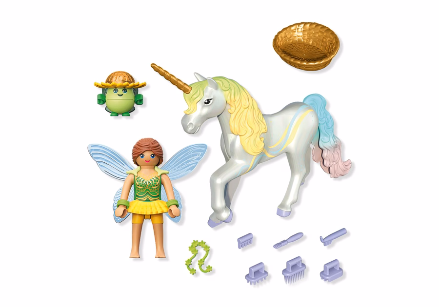 Unicorno da collezione: Fiore arcobaleno con fata